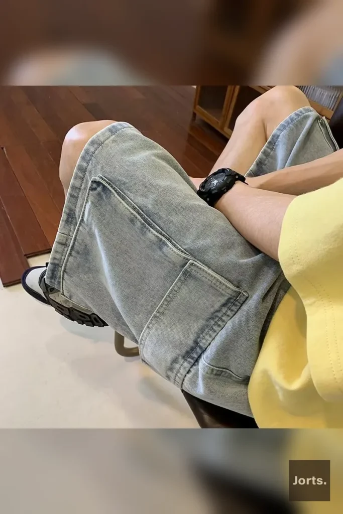 Black men's Y2K denim jorts, back view, with pocket details, perfect for a throwback look.
