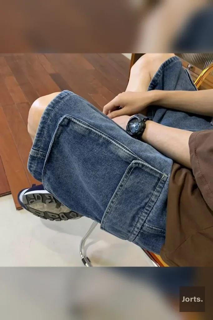 Iconic Men's Y2K dark blue denim jorts, front view, showcasing relaxed mid-length fit and cotton fabric.