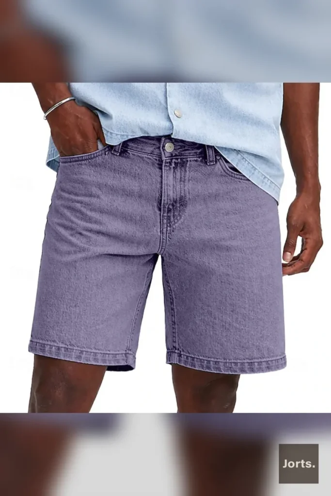 Side view of army green mens denim jorts, highlighting the relaxed fit and cotton fabric.
