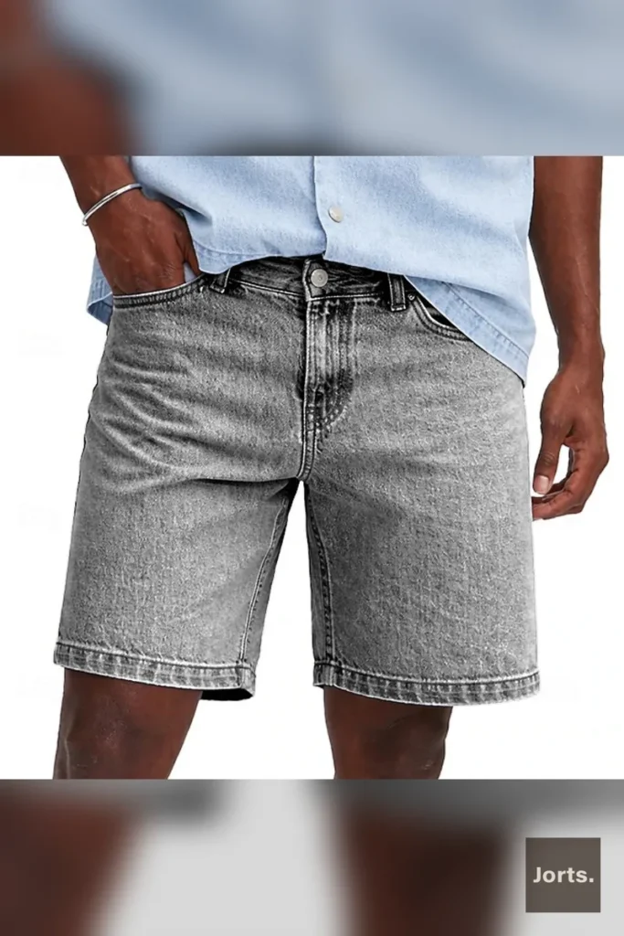 Back view of blue mens denim jorts, emphasising the casual Y2K aesthetic and comfortable design.