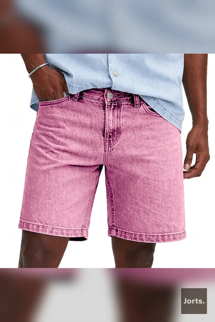 Close-up detail of coffee coloured mens denim jorts, showing the quality cotton material and loose fit.