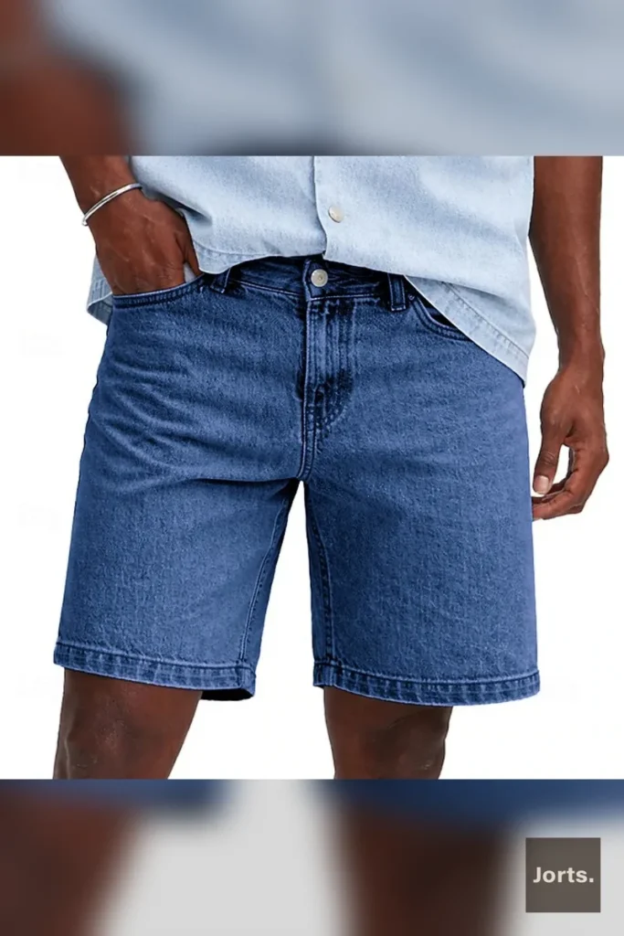 Model wearing light grey mens denim jorts with a loose, cropped fit, showcasing the streetwear style.