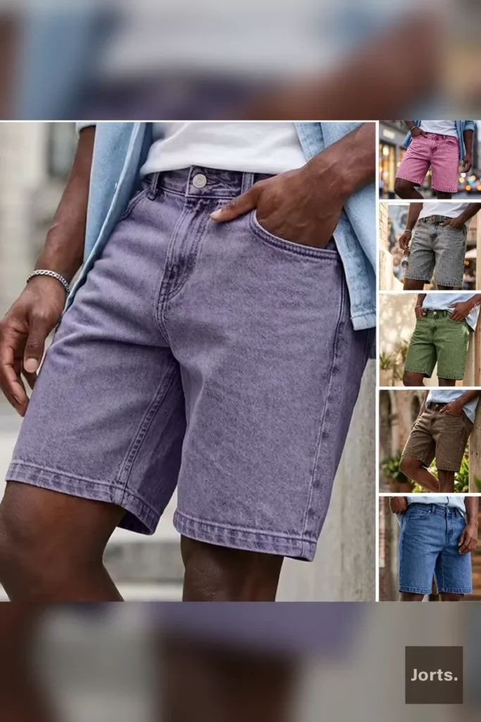Collection of mens denim jorts in various colours: light grey, army green, blue, purple, coffee, rose red.
