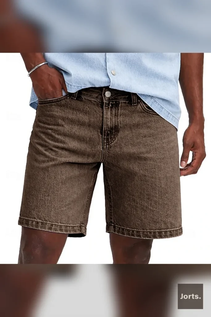 Front view of purple mens denim jorts, a vibrant option for a nostalgic summer look.