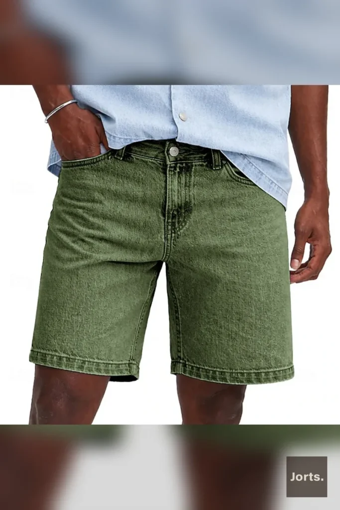 Model showcasing rose red mens denim jorts, perfect for a bold and casual Y2K streetwear statement.