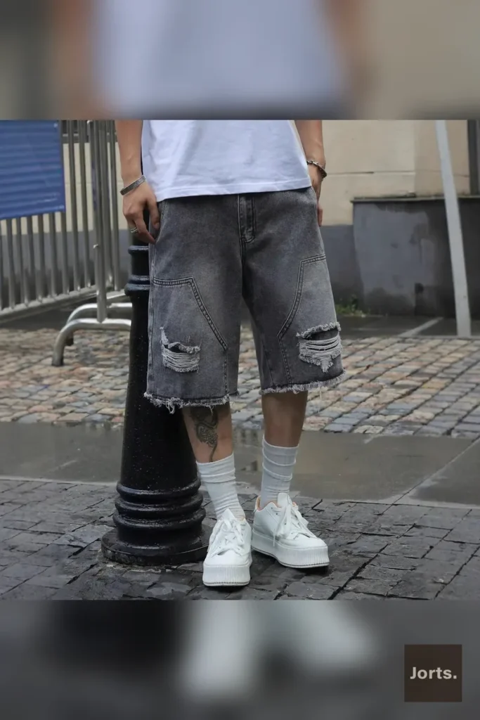 Model wearing men's gray straight-leg denim shorts in a casual Y2K streetwear setting.