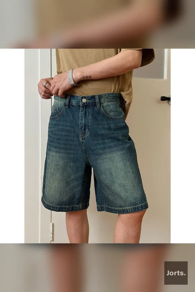Back view of men's retro blue loose fit denim jorts, highlighting the vintage wash.