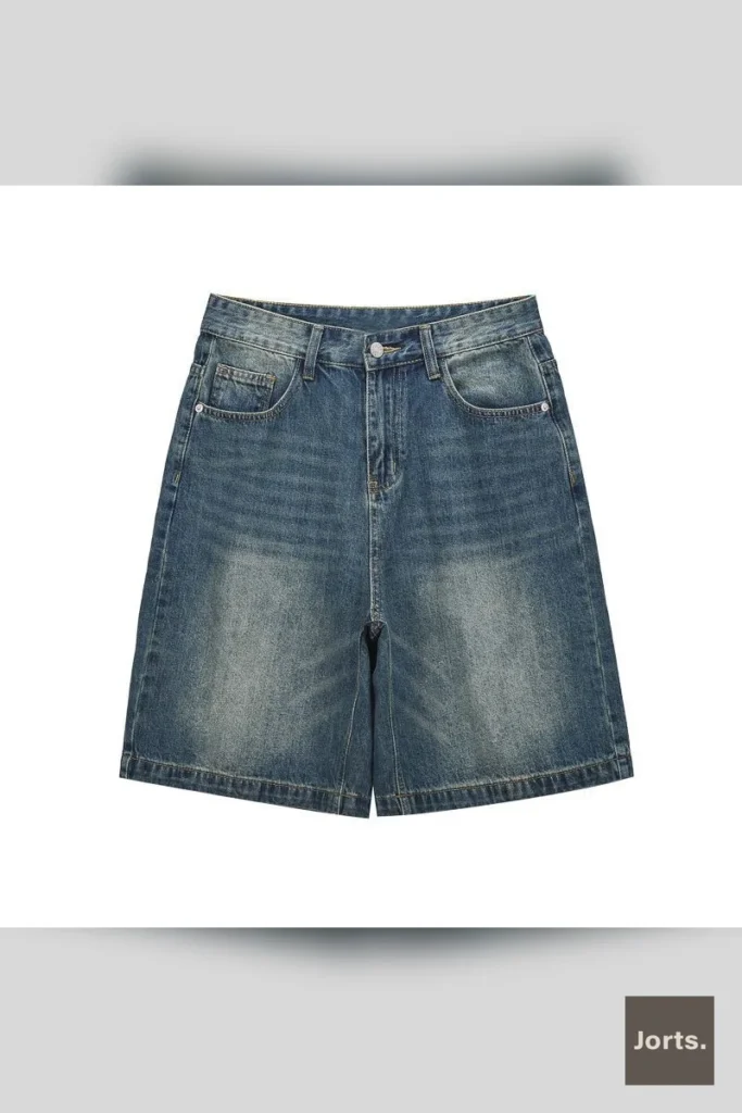 Array of men's retro washed denim jorts in gray, retro blue, and rust soil colours.