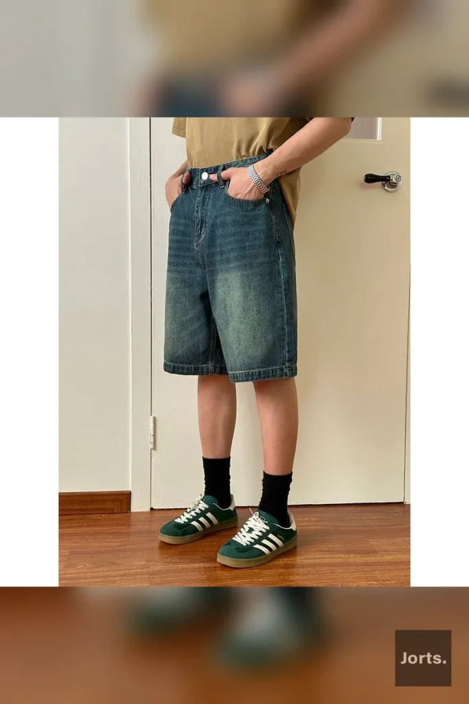 Side profile of men's rust soil retro washed jorts, perfect for a casual streetwear look.