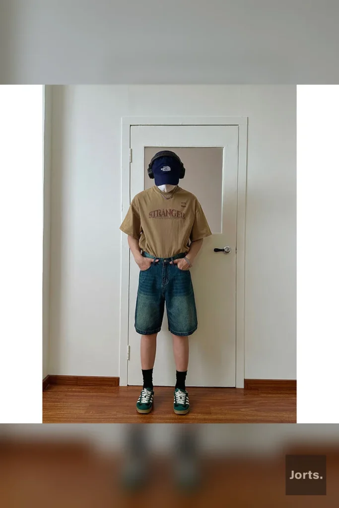 Full outfit shot with men's rust soil retro washed jorts, emphasising Y2K streetwear.