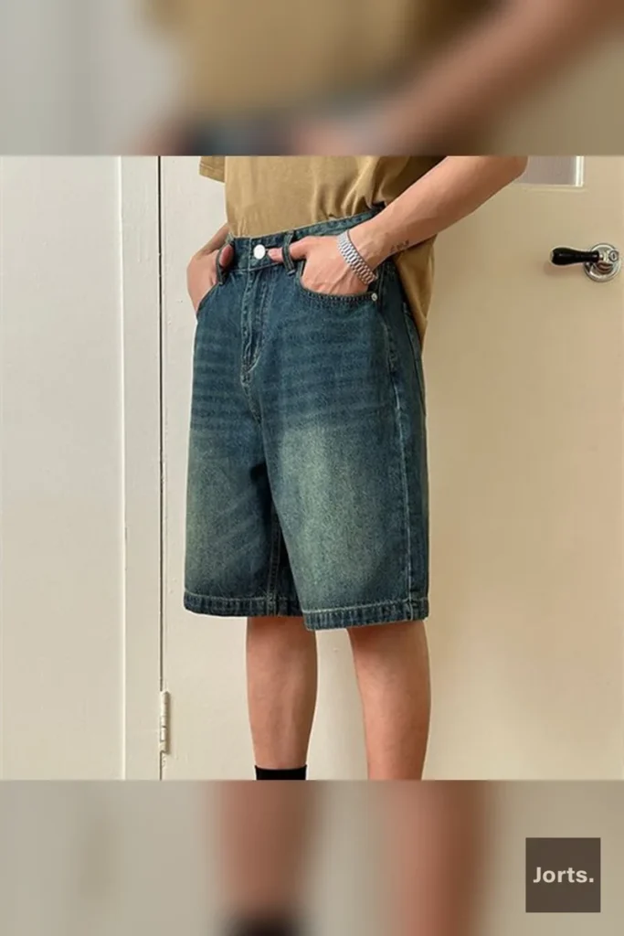 Detail of the waistband and button closure on men's retro washed denim jorts.